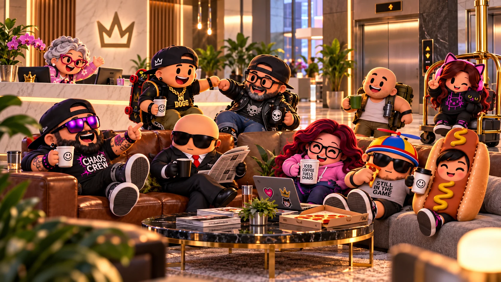 Concept illustration of the Last One Out crew relaxing in an office building lobby