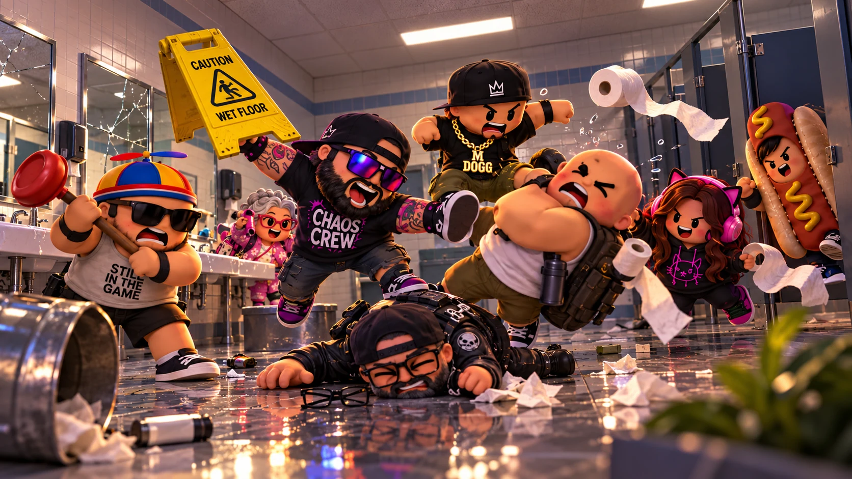 Concept illustration of Last One Out characters causing chaos in an office restroom
