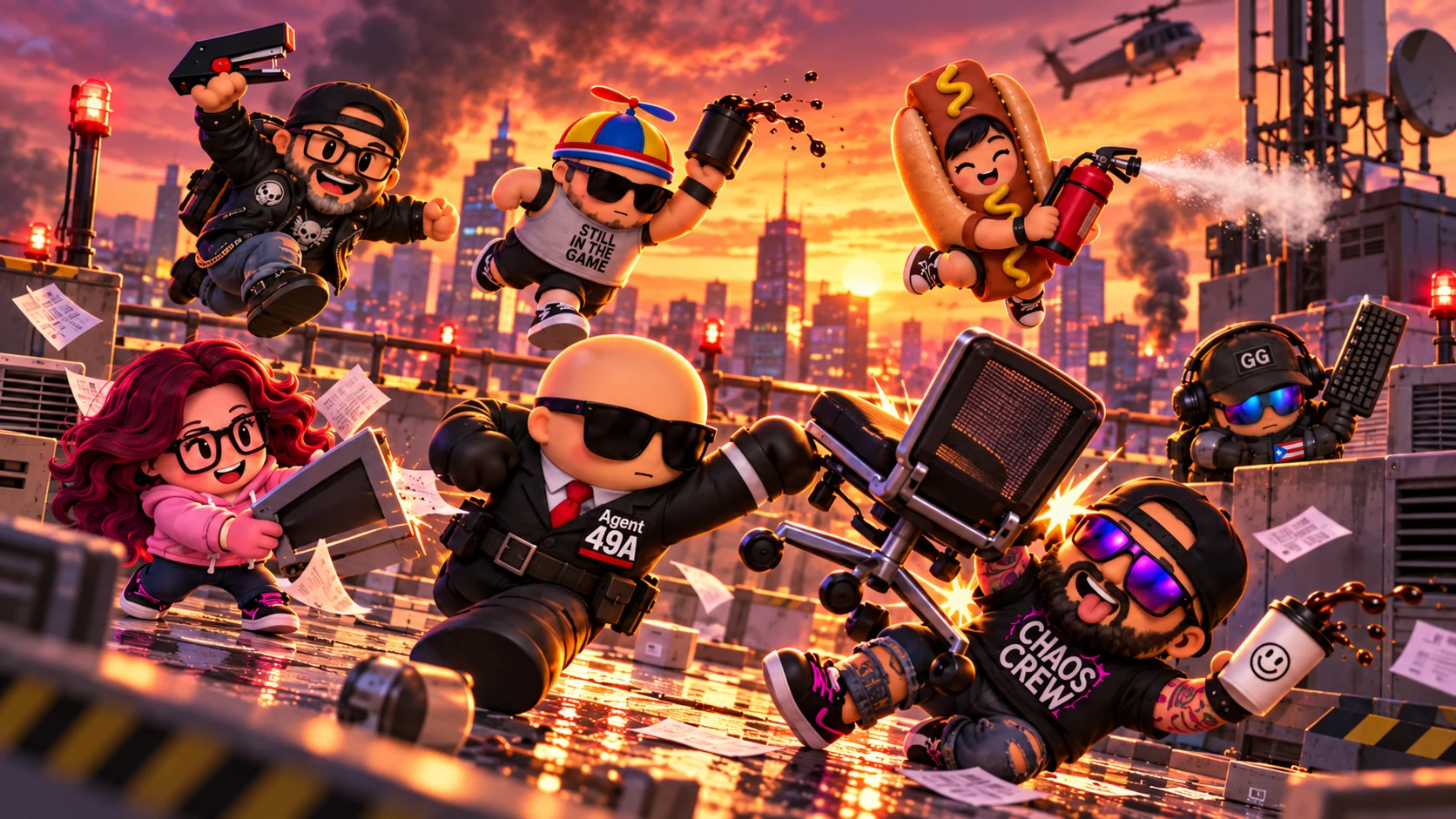 Concept illustration of Last One Out characters racing across a rooftop at sunset